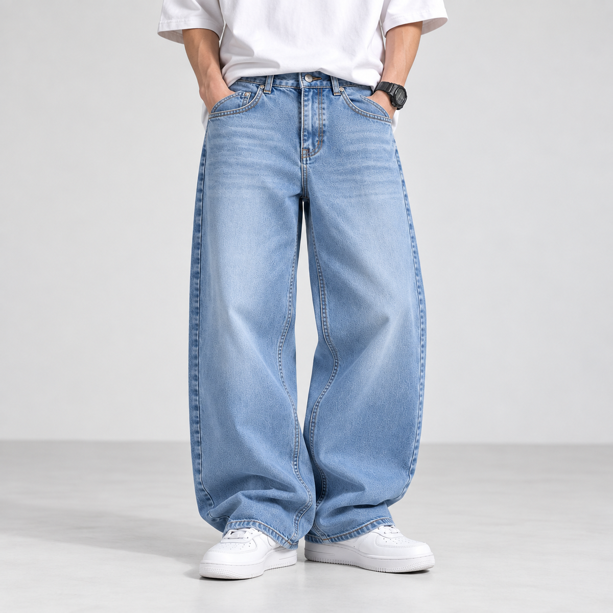 Semi Baggy Washed Denim Jeans – Light Blue Wash