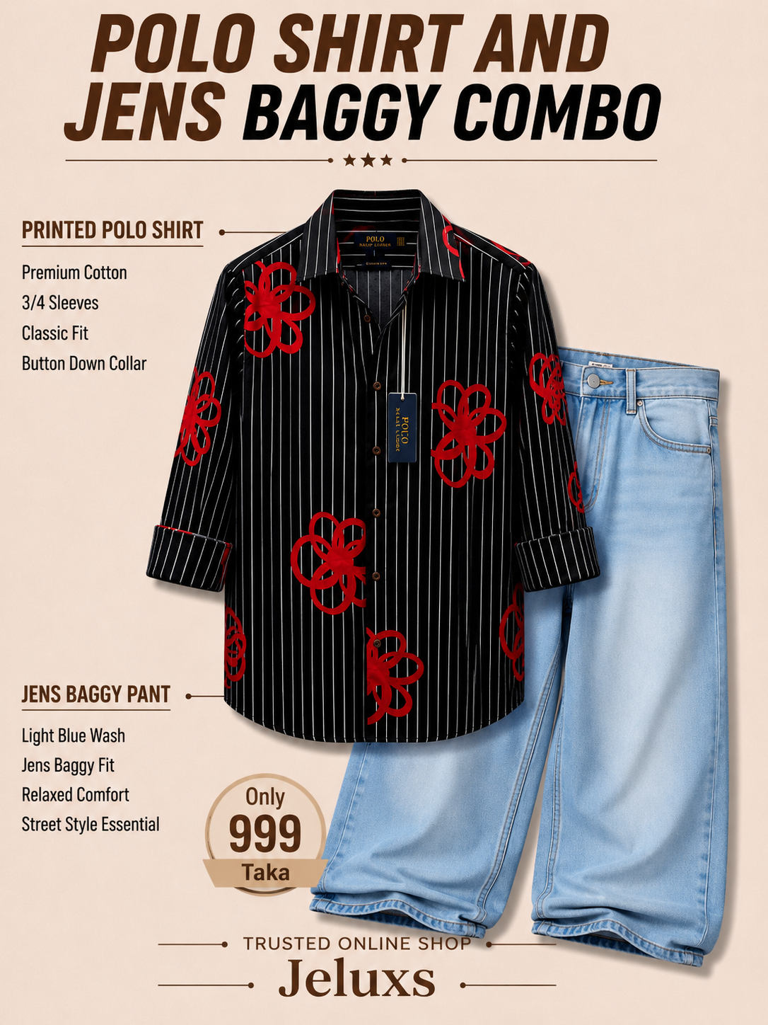 🔥 Premium Printed Polo Shirt + Baggy Jeans Combo🔥