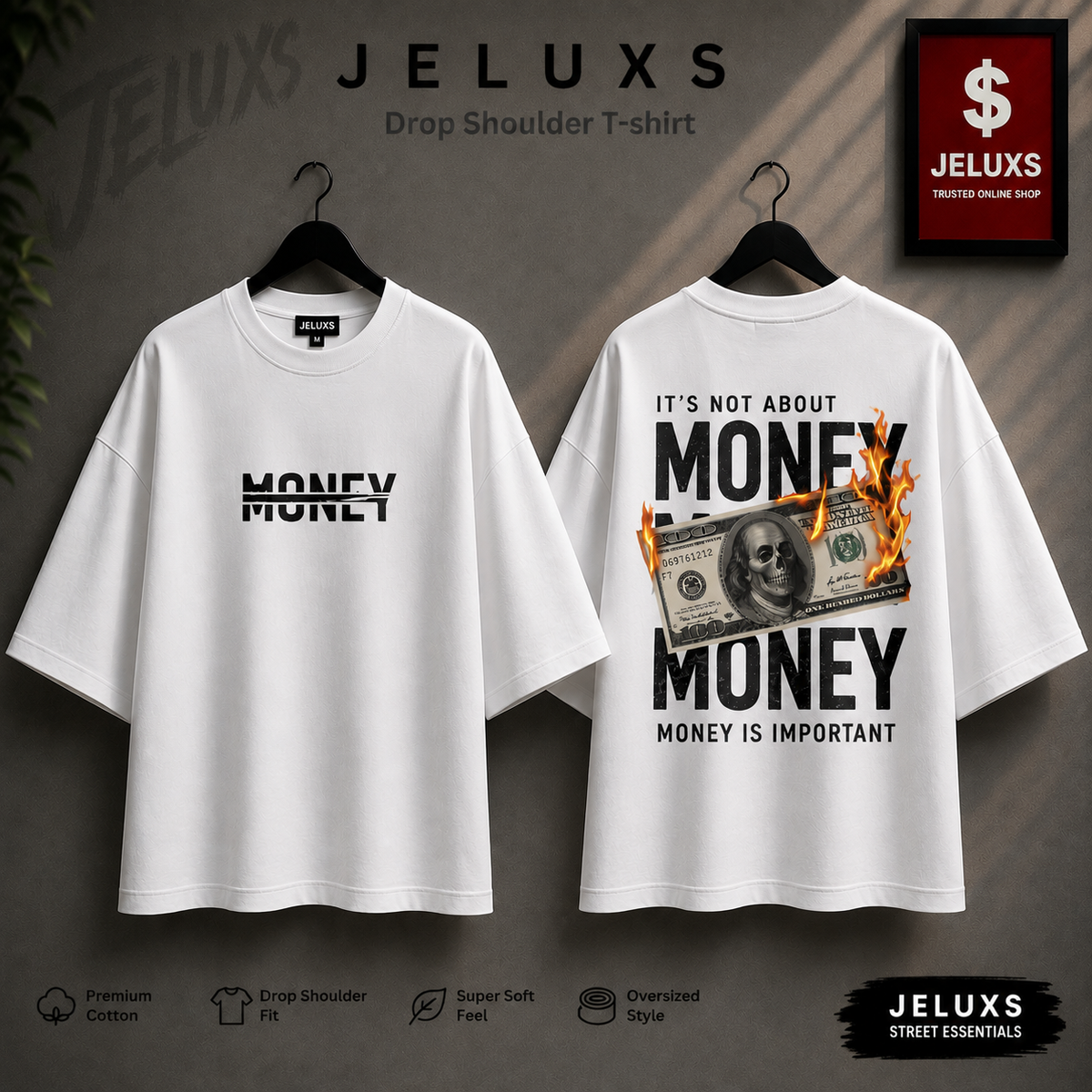 Money Piece Oversized Heavyweight Drop Shoulder T-Shirt -White