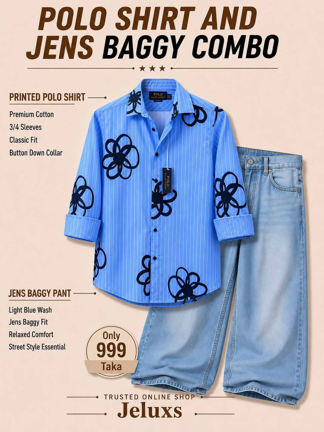 🔥 Premium Printed Polo Shirt + Baggy Jeans Combo🔥