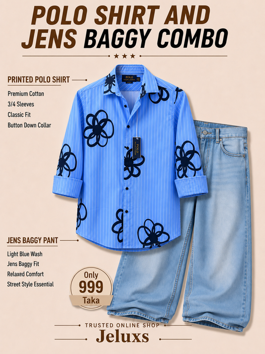 🔥 Premium Printed Polo Shirt + Baggy Jeans Combo🔥