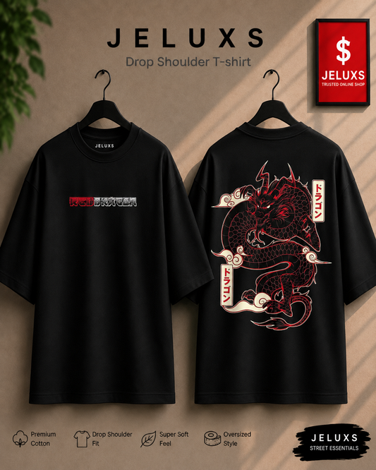 Red Dragon Oversized Heavyweight Drop Shoulder T-Shirt -Black