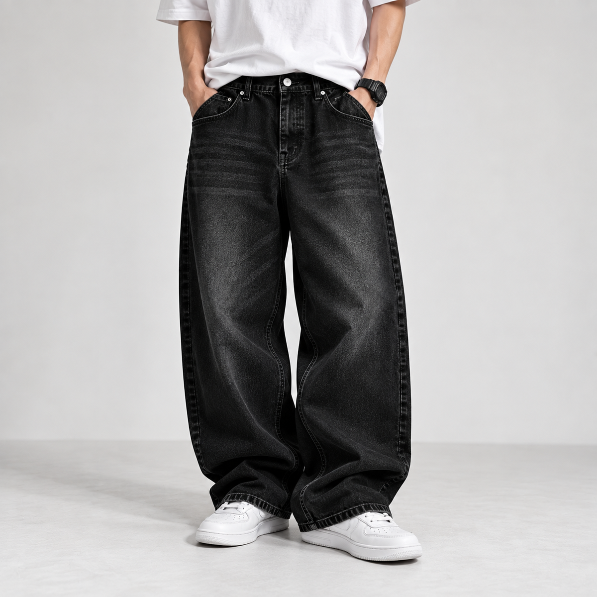 Semi Baggy Washed Denim Jeans – Black Wash