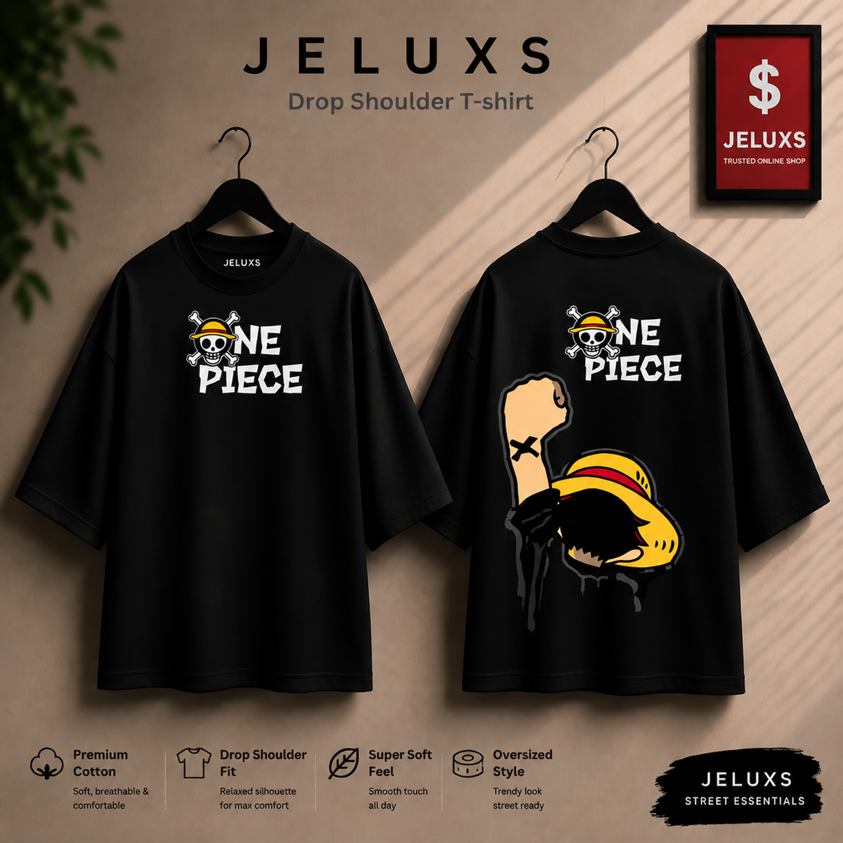 One Piece Oversized Heavyweight Drop Shoulder T-Shirt -Black