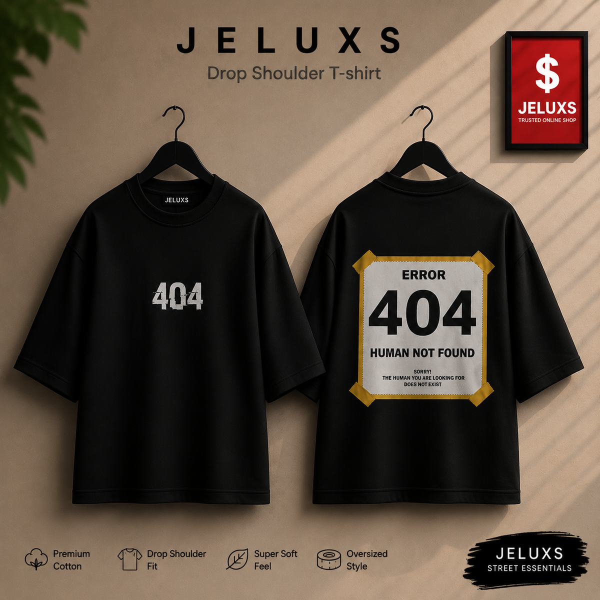 404 Oversized Heavyweight Drop Shoulder T-Shirt -Black