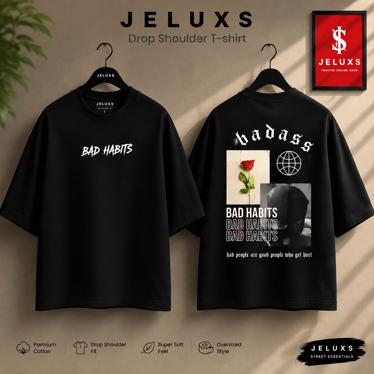 Bad Habit Oversized Heavyweight Drop Shoulder T-Shirt -Black