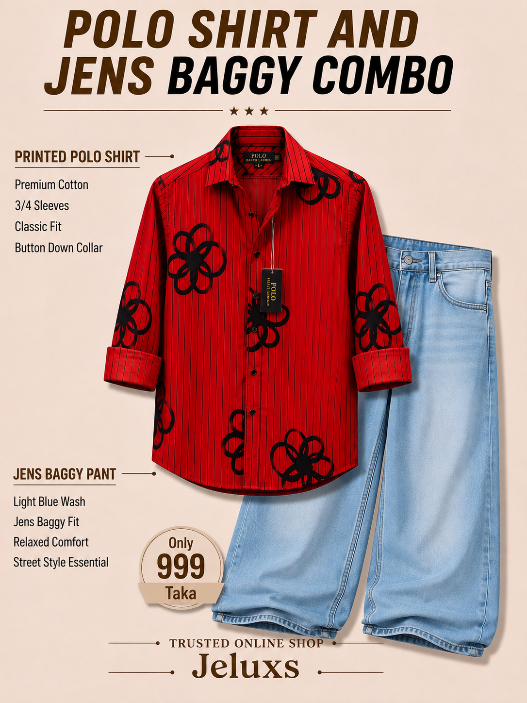 🔥 Premium Printed Polo Shirt + Baggy Jeans Combo🔥