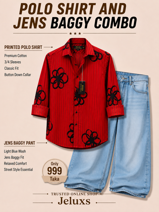 🔥 Premium Printed Polo Shirt + Baggy Jeans Combo🔥
